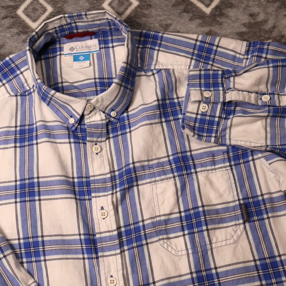 Columbia Plaid Button Down Shirt Blue White Grey Cotton Mens XXL Long Sleeve